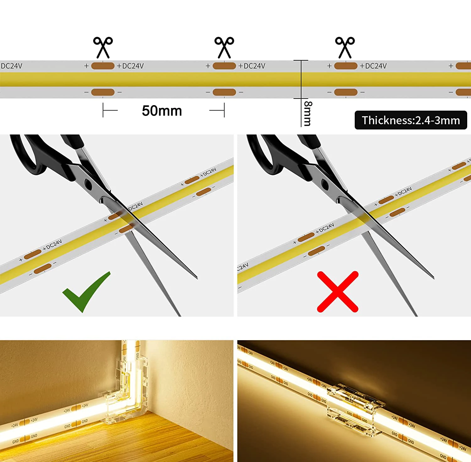 Гибкая светодиодная лента Cob 3 года гарантии 12 В белый 2700k/3000k/4000k/6000k Ra90 бесконтактная высокая плотность 24 cob