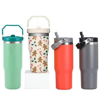 Custom logo 20oz 30oz Insulated  Water Bottle Stainless Steel Travel Thermal Mug Tumbler with Flip Straw Handle Leak Proof Lid