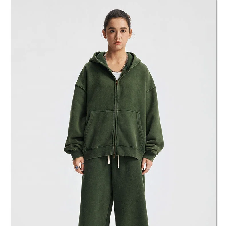 Trendy Brand's Winter Short Zip-Up Washed Wax Dye Hooded Sweatshirt Long Cotton Jacket Front Logo Print Anti-Pilling