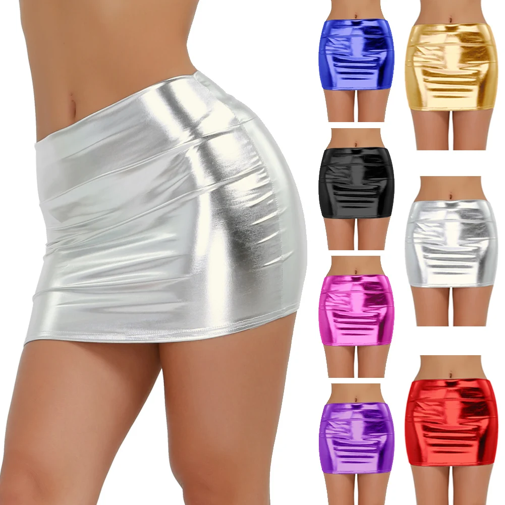 Women Shiny Metallic Sexy Mini Skirt Slim Fit Wetlook Patent Leather  Bodycon Skirts Clubwear| Alibaba.com