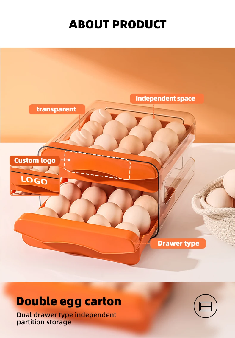 Wannuo Kitchen 32 Capacity 2-layers Egg Box Drawer Type Refrigerator Egg Organizer Stackable Plastic Egg Box supplier