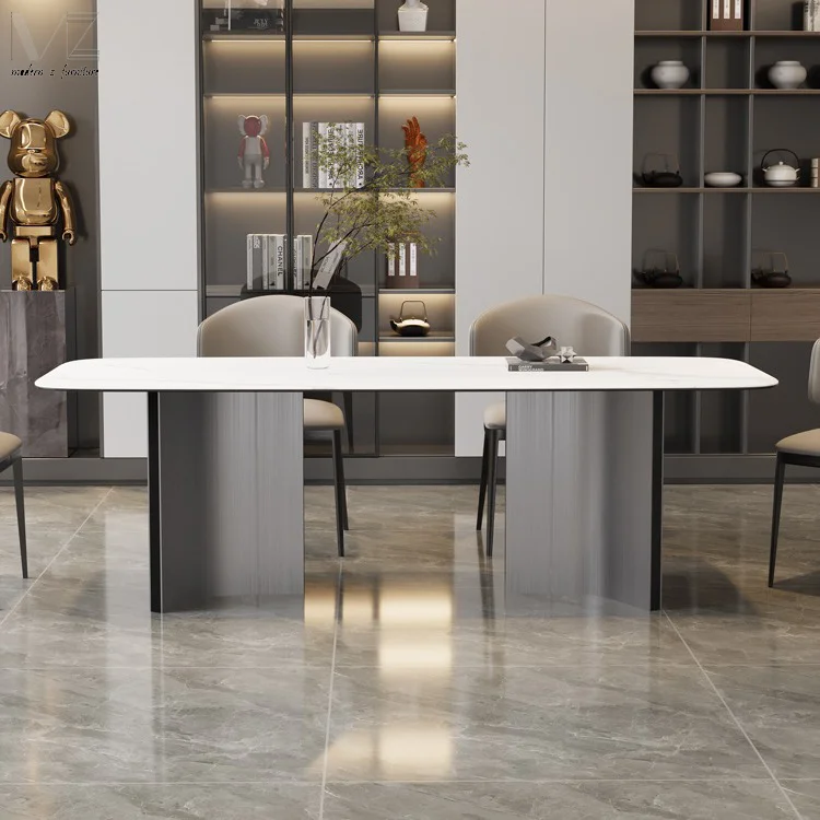 European Luxury Modern Dinning Room Furniture Minimalist Stainless Steel Marble Top Nordic Sintered Stone Dining Table