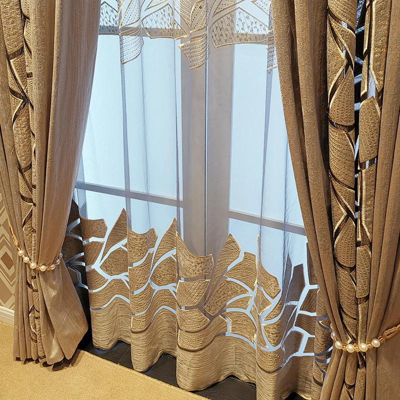 European Style Luxury Blue Golden Hollow Embroidery OEKO-TEX Certified Polyester Blackout All-Season Wave Window Curtains Flame