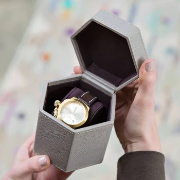 Custom design hexagon suede wrist watch set box glass leather portable travel watch band gift box new luxury watch storage box