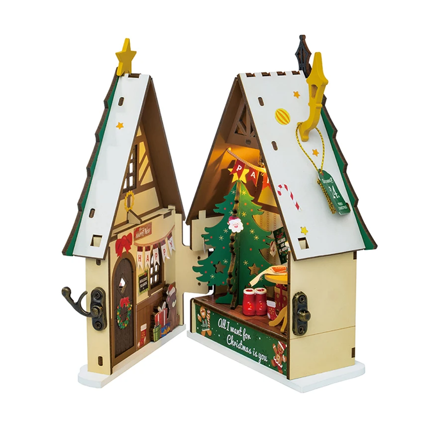 Robotime Rolife Christmas Gifts for Kids DS036 Twinkling Christmas House DIY Miniature Toys 3D Wooden Puzzles