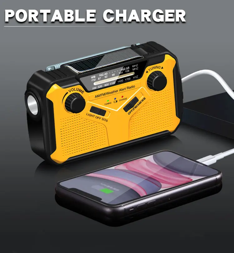 Weather Radio With AM.FM  SOS Flash Torch 3000mAh Power Bank Emergency Solar Hand Crank Radio