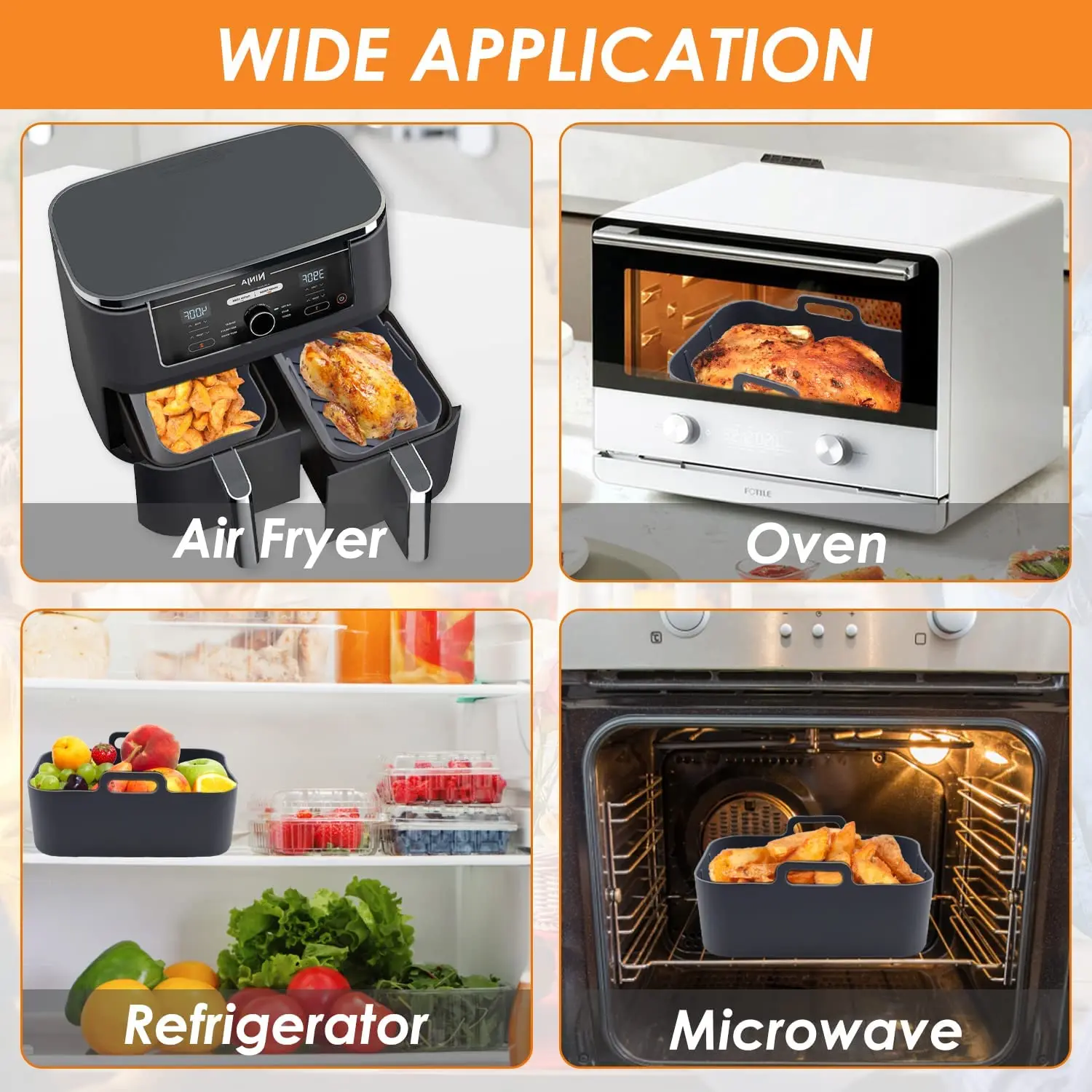 Customization Reusable Thick Rectangle No Stick 2Pcs Air Fryer Silicone Pot Liners for Ninjas Dual Air Fryer