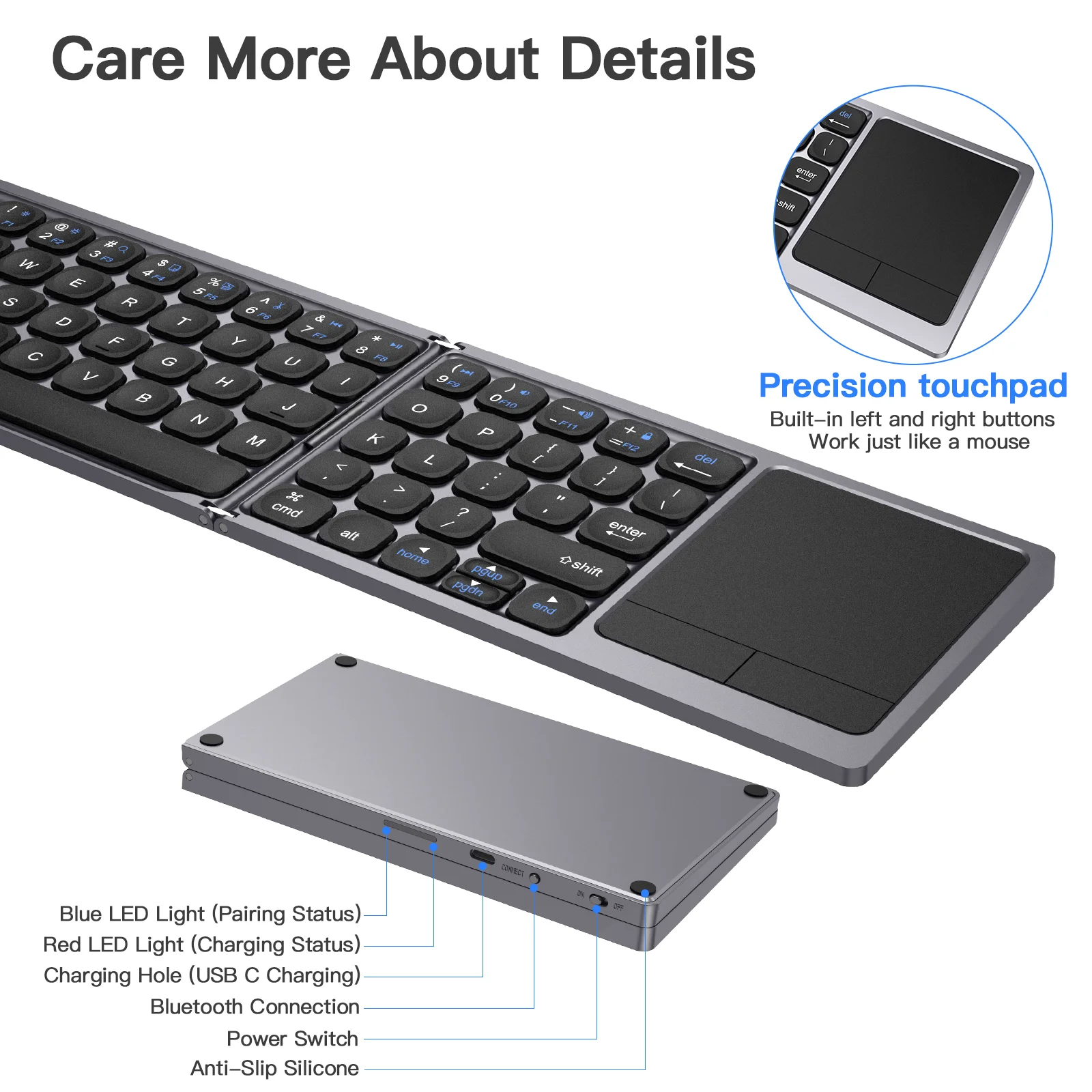 Source Black foldable bt Wireless Folding bluetooth keyboard qwerty Layout touch  pad wireless keyboard on