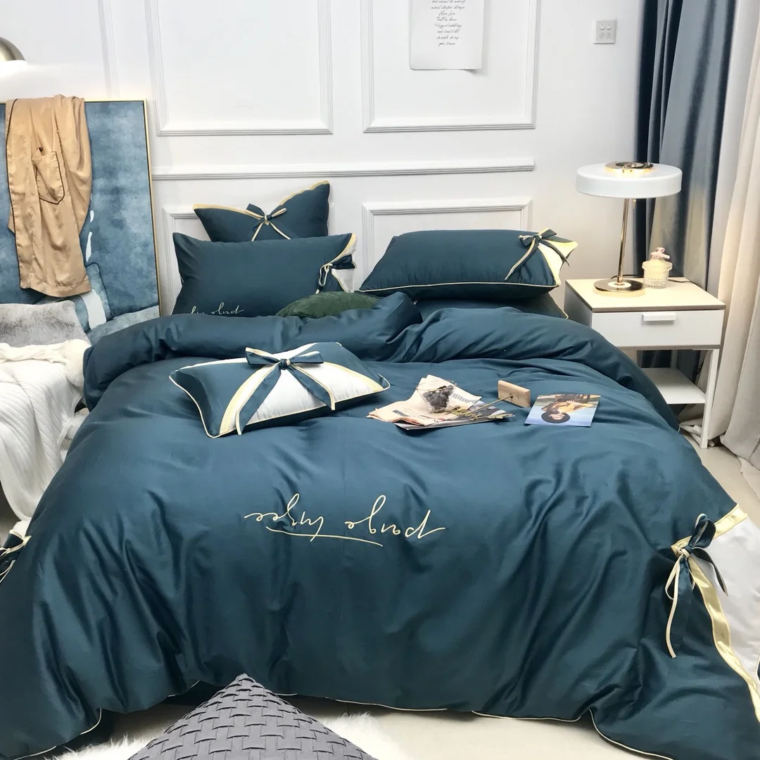 Elegant Satin Bedding Set Bed Pillowcase Duvet Sheet Cover Home Embroidery Style 