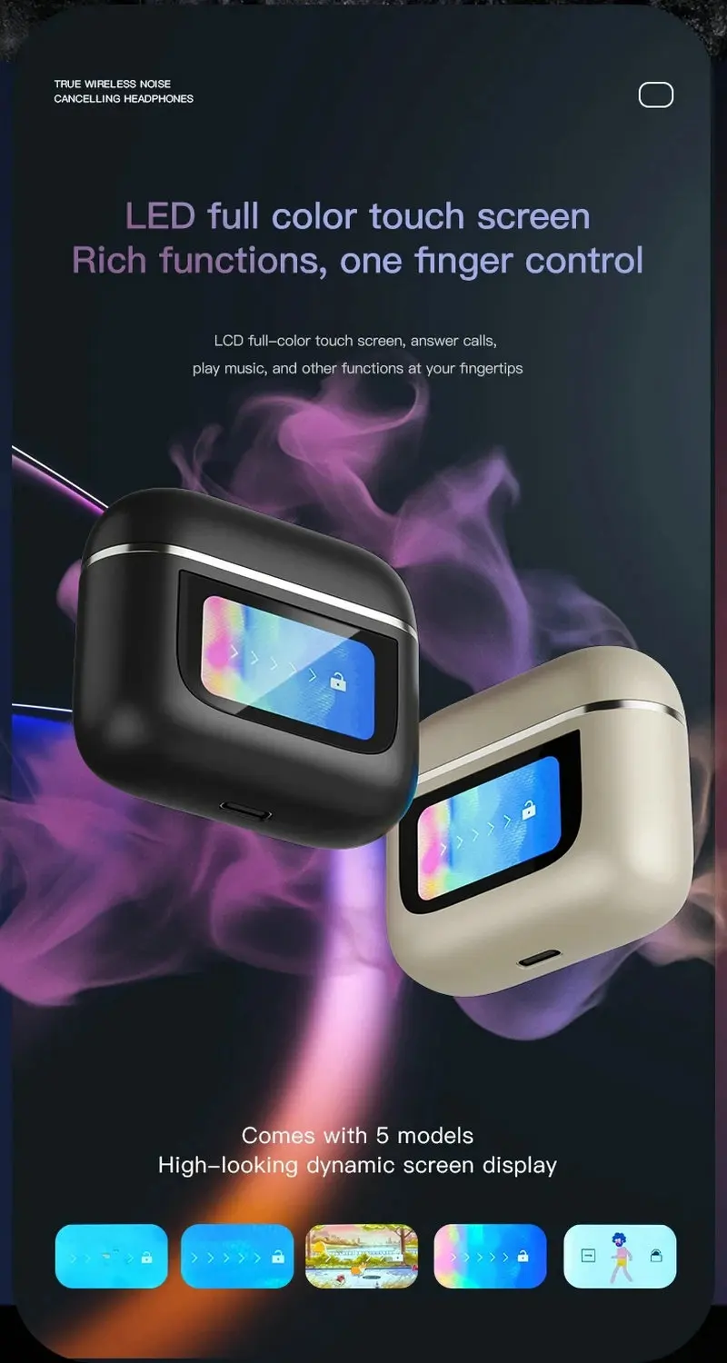 2026 New Design V8 Touch LCD Screen Display Headset ENC TWS Gaming Earbuds Waterproof Earphone Wireless Digital Display Battery