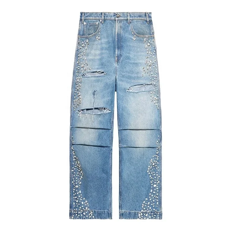 Salati Designer Y2K High Quality Wash Glitter Vintage Rhinestone Print Oversized Ripped Man Trousers Denim Pants Baggy Jeans Men gallery 5
