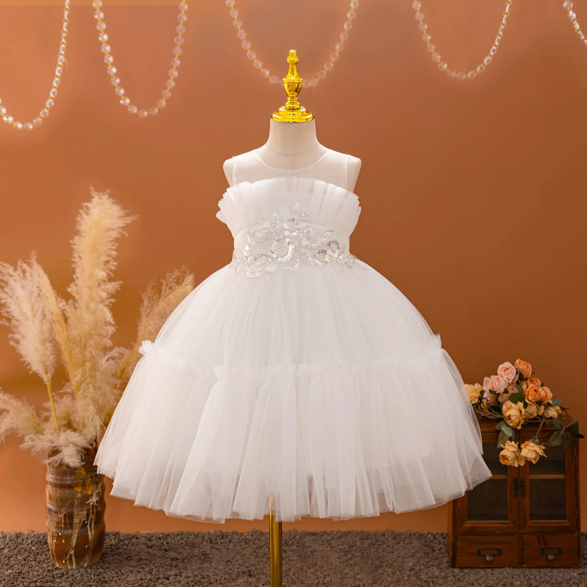 European Style Girls Fashion Dress White Children Princess Wedding Party  Dress for Years Flower Kids Girl Birthday Dress