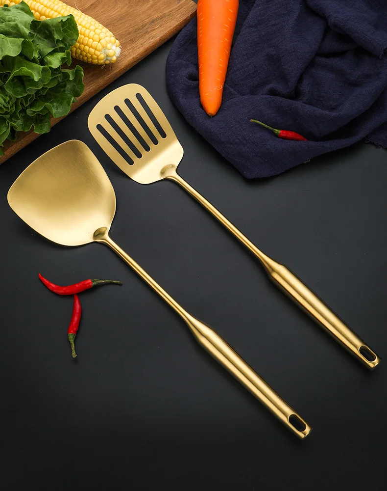 High Quality Kitchen Tools Metal Handle 7pcs Stainless Steel Kitchen Cooking Utensils Set Gold