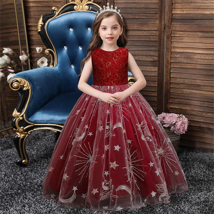 Wholesale Vestidos largos elegantes de estilo europeo para niñas de 10 años, rojo, fiesta de noche, con patrón de estrellas From m.alibaba.com