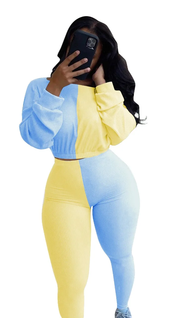 2021 autumn hot sale two piece set clothing ribbing splicing