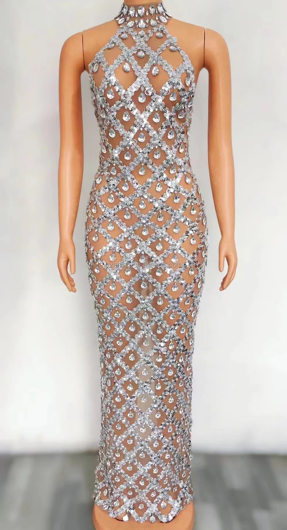 Sexy See Through Rhinestone Sequin Backless Wedding Birthday Party Long ...