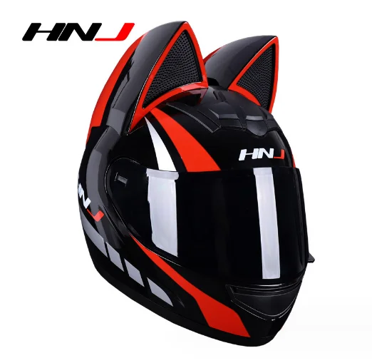 cat motorcycle helmet dot approved Black HNJ with Ears & Gold Visor HNJ Cat Full Face Motorcycle