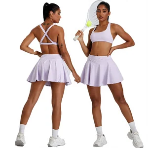 Women Running Fitness Clothing Shock-proof Sports Bra High Waist Tennis Skirt Gym Workout Set 2 Pcs Tennis Wear