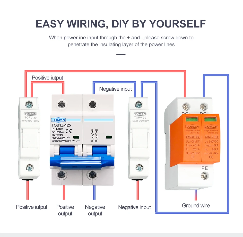 TOMZN 2P DC 1000V MCB 125A 100A 80A Circuit Breaker for PV System C Curve Battery Main Switch