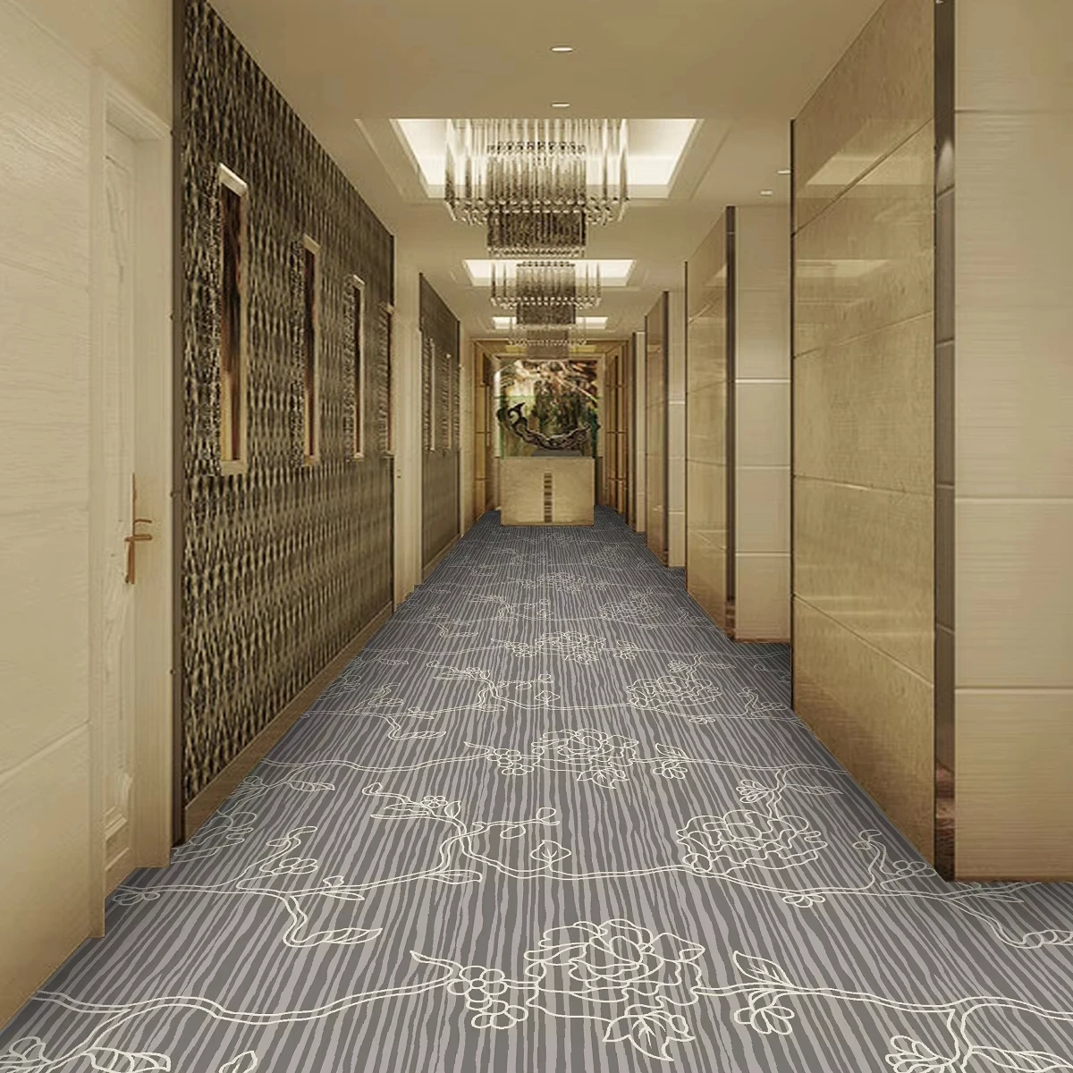 Custom Design Polyester Long Pile Stock Carpet Rolls Loop Cut Pile Printed Carpet Machine Made Durable Non Slip Hotel Karpet