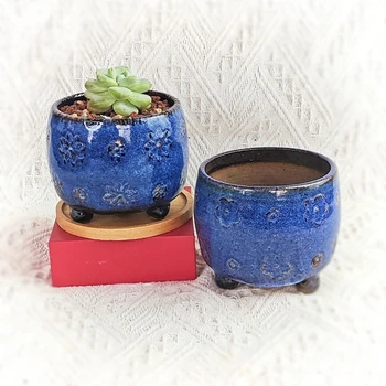 TangCao succulent plant flowerpot hand-glazed rough pottery breathable round mouth simple Set Ceramic flower pots