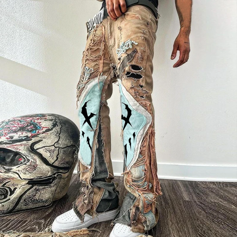 DiZNEW Jeans Maker Custom Designer High-waisted Baggy Oversized Acid-washed Vintage Wide-leg Torn Jeans Printed Jeans for Mens