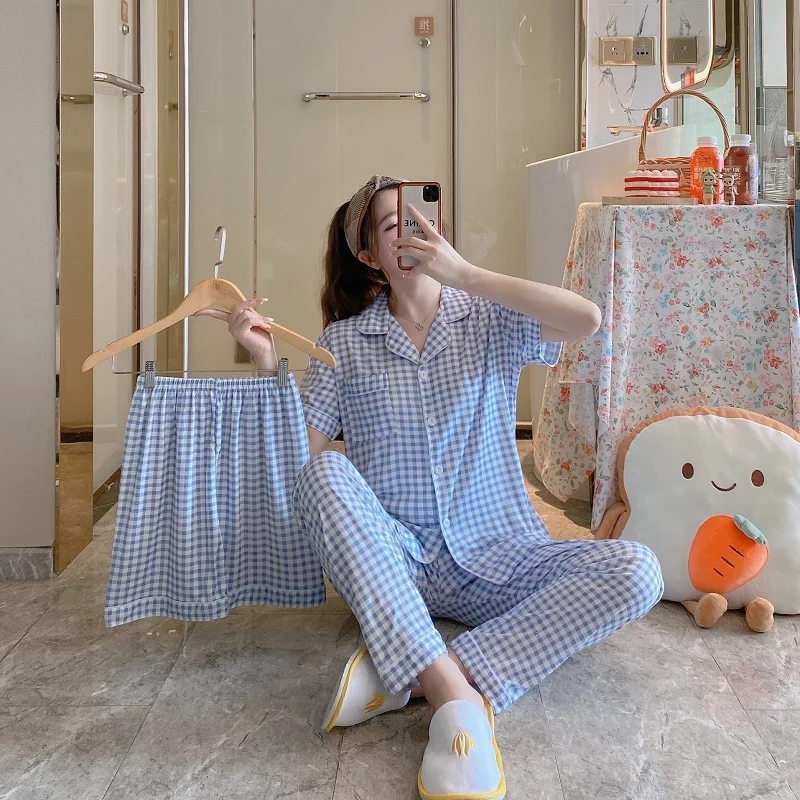 Pyjamas à revers pour femmes automne pantalons à manches courtes - Main Image