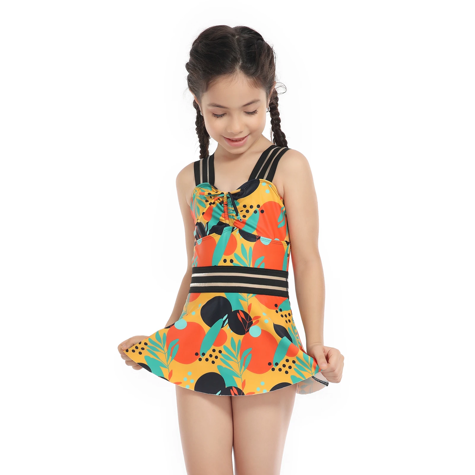 Children Flower Swimsuit Little Girl Swimwear Tie Neck Back Ruffle