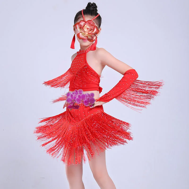 Latin Dance Dress Tassel Salsa Dancewear Sequin Fringe for Girls
