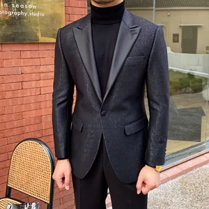 Men's Slim Black Sequins Suit Jacket Banquet Groom Single-breasted Peaked Lapel High Quality Double Vents Suit Jacket for Men