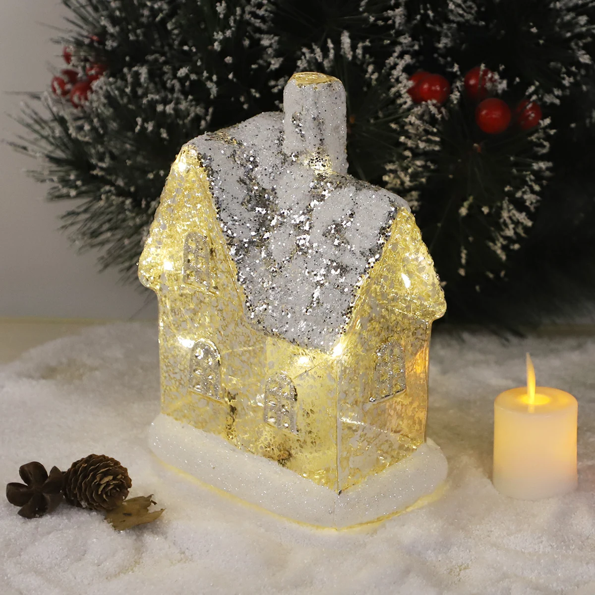 2023 Hot Selling Tabletop Hand Blown Glass Church Christmas Village With Led Lighted Gowing Home Indoor Living Room Decoration details