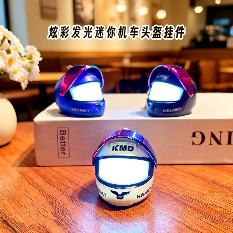 Wholesale New Arrival Colorful Glowing Mini Motorcycle Helmet Keychain-Stylish Car Bag Charm Helmet with Led with Keychain