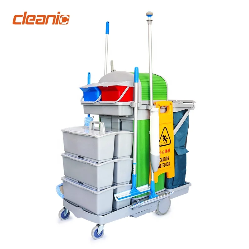 Full Set Multi-Purpose Multifunction Cleaning Trolley for Hospitals with Bucket Duster Flat Spray Mop Broom