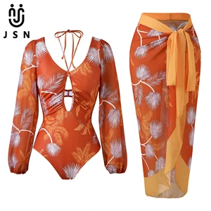 JSN 2026 New Design Two Piece Bikini Set for Ladies Women's Long Sleeves Hollow Out One Piece Bikini with High Cut Swimdress