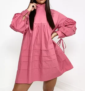 Summer Ruffled Oplin High Neck Smock Dress Pleated a Line Loose Mini Dress College Style Girl Dress