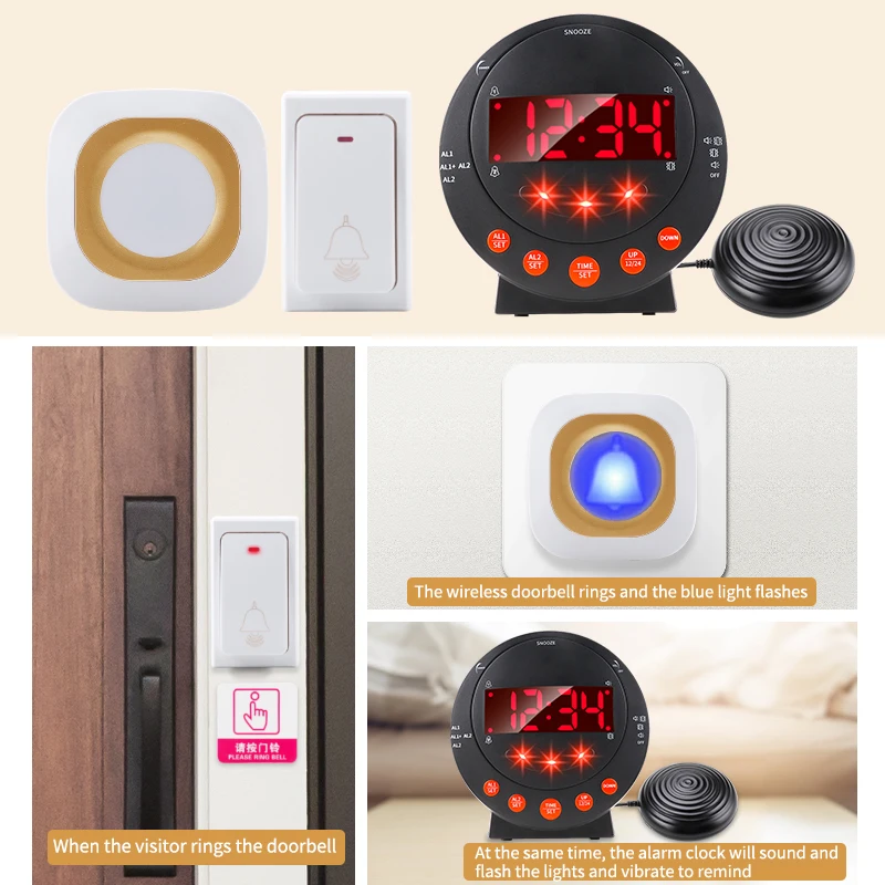 Deaf Hearing Impaired with Bed Shaker Doorbell Reminder Vibrating Ring Alarm Clock for Hotel Nightstand Deaf Hearing Impaired with Bed Shaker Doorbell Reminder Vibrating Ring Alarm Clock for Hotel Nightstand