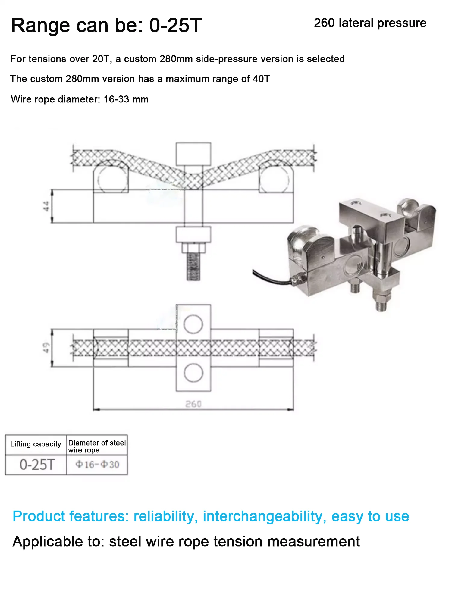 10T/20T Inner Three Pulley Tension Sensor for Measuring Thick Wire Rope ...