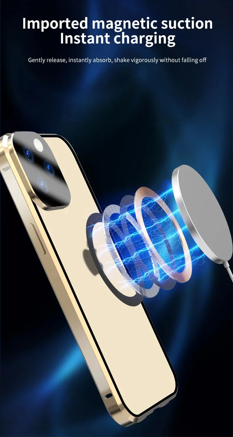 Magnetic Transparent Aluminum Alloy Frame Double-sided HD Glass Wireless Charging Phone Case for iPhone 15 14 13 Pro