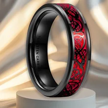Wholesale Tungsten Carbide Red Opal Sticker Inlay Black Celtic Dragon Inlay Beveled Edge 6mm Width Design for Both Men and Women