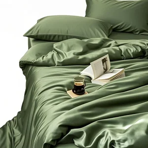 Satin Bedding Set Smooth Skin-Friendly Single Double Size Solid Color Simple Woven Duvet Cover Fitted Sheet Single Double Size