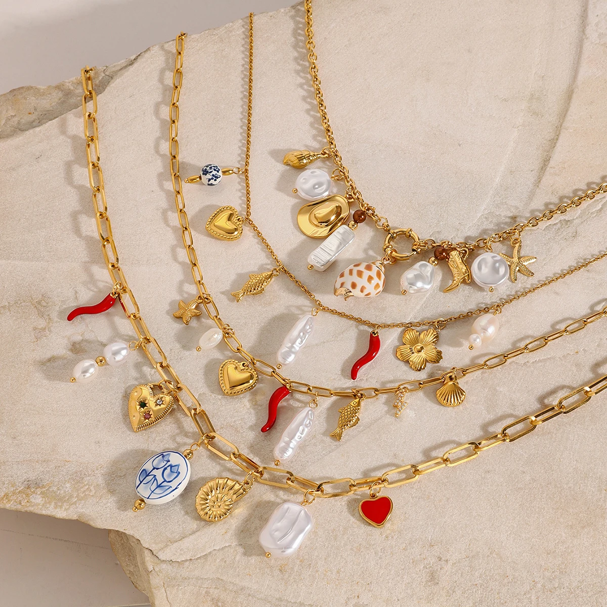 J&D Summer Ocean Style 18K Gold Stainless Steel DIY Shell Ceramic Coral Starfish Pearl Charms Necklaces