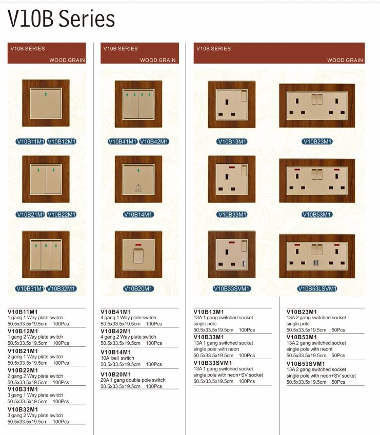 VNX New Style Wood Grain Electrical Switch and Socket 15A 1 Gang Multi Switched Socket With Neon and USB Socket