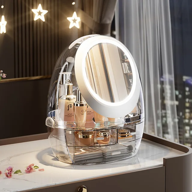 2025 Premium Dressing Table Makeup Mirror New Vanity Cosmetic Storage Box Desktop Dust Proof Feature for Lipstick Eye Shadow