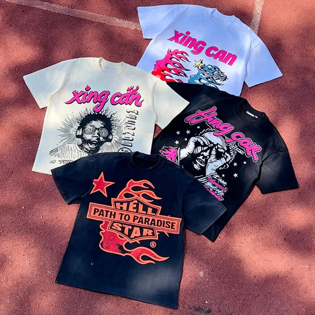 Męski T-shirt w stylu streetwear z ciężkiej bawełny, z możliwością wyboru cyfrowego nadruku DTG / kamieni sztucznych / przepłukania / haftu, oversized z krótkim rękawem