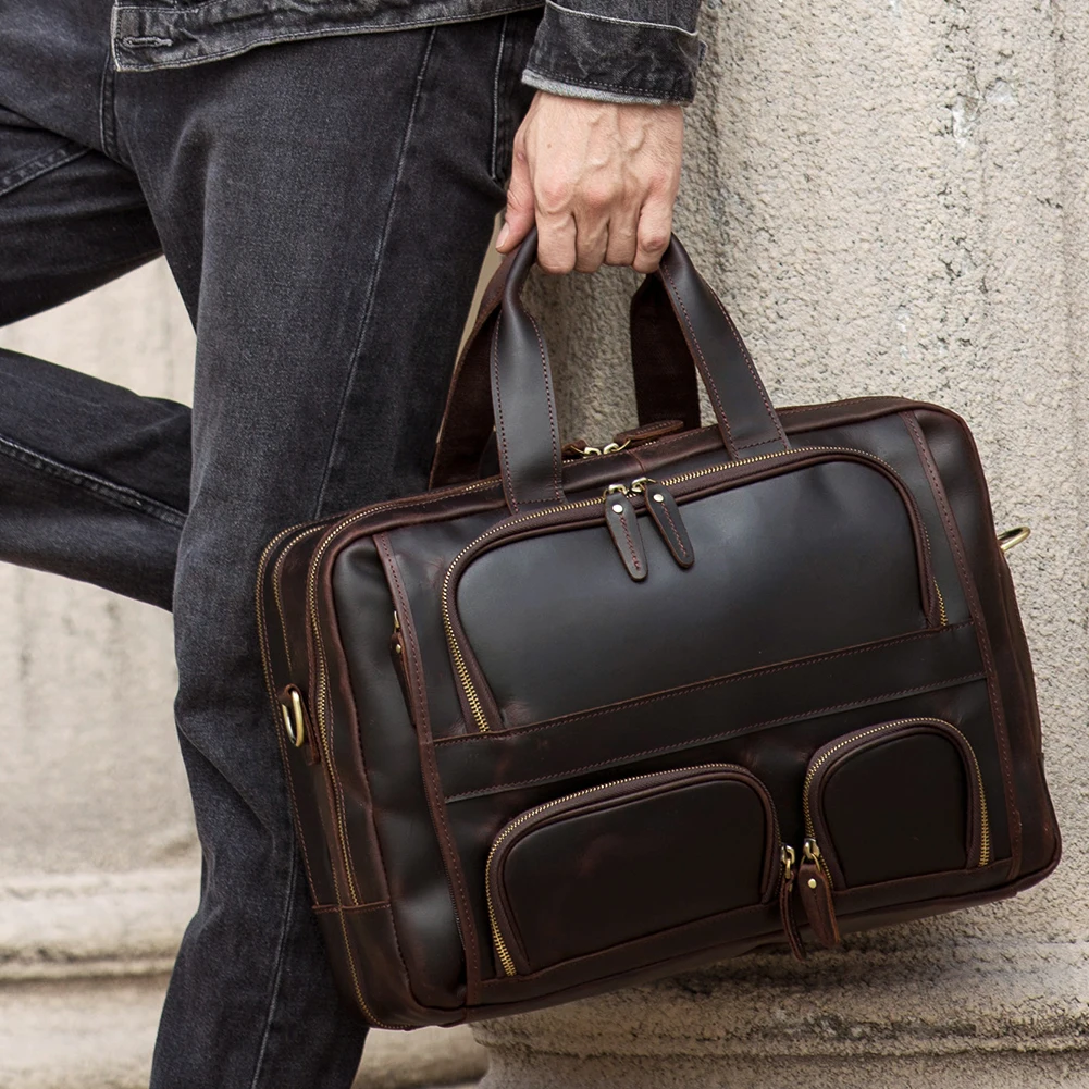 Factory Stock Crazy Horse Genuine Leather Large Capacity Messenger Laptop Bag Men’s Briefcase
