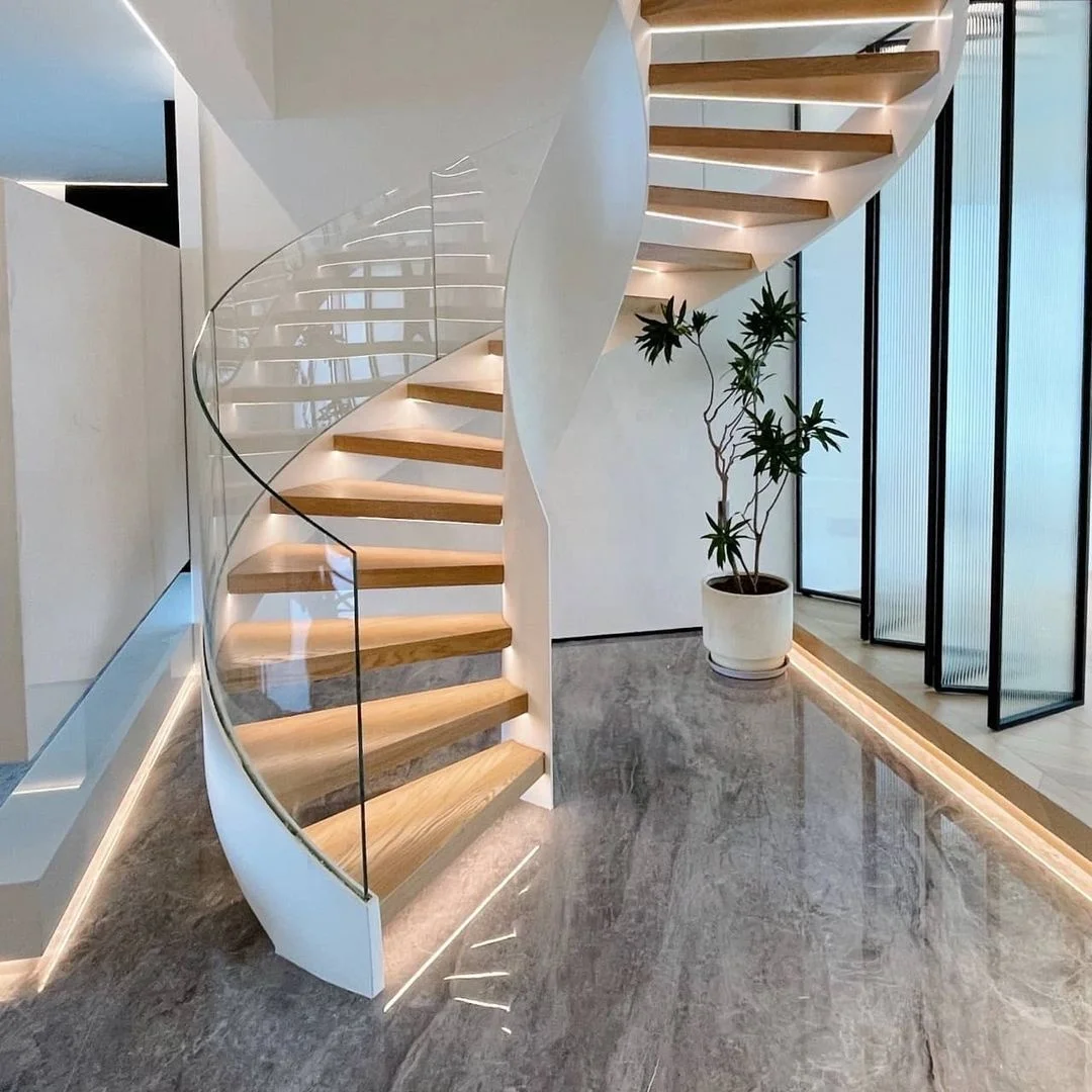 Curved/Arc spiral Staircase, Indoor staircase,Luxury Modern Home Decoration Glass decor stairs wooden Stairs supplier