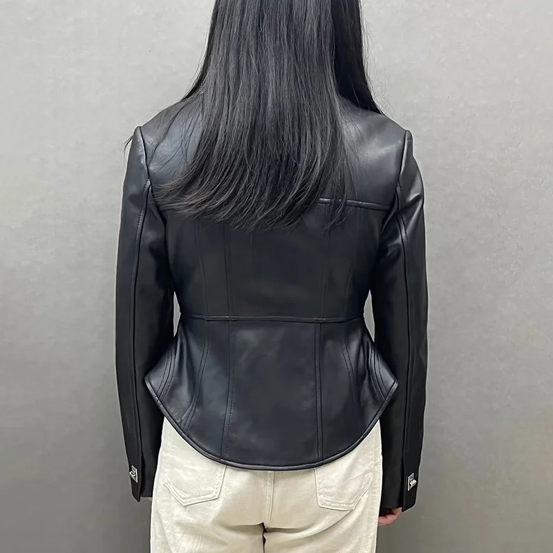 Wholesale Black Leather Coat Genuine Lamb Skin Leather Jacket for Ladies