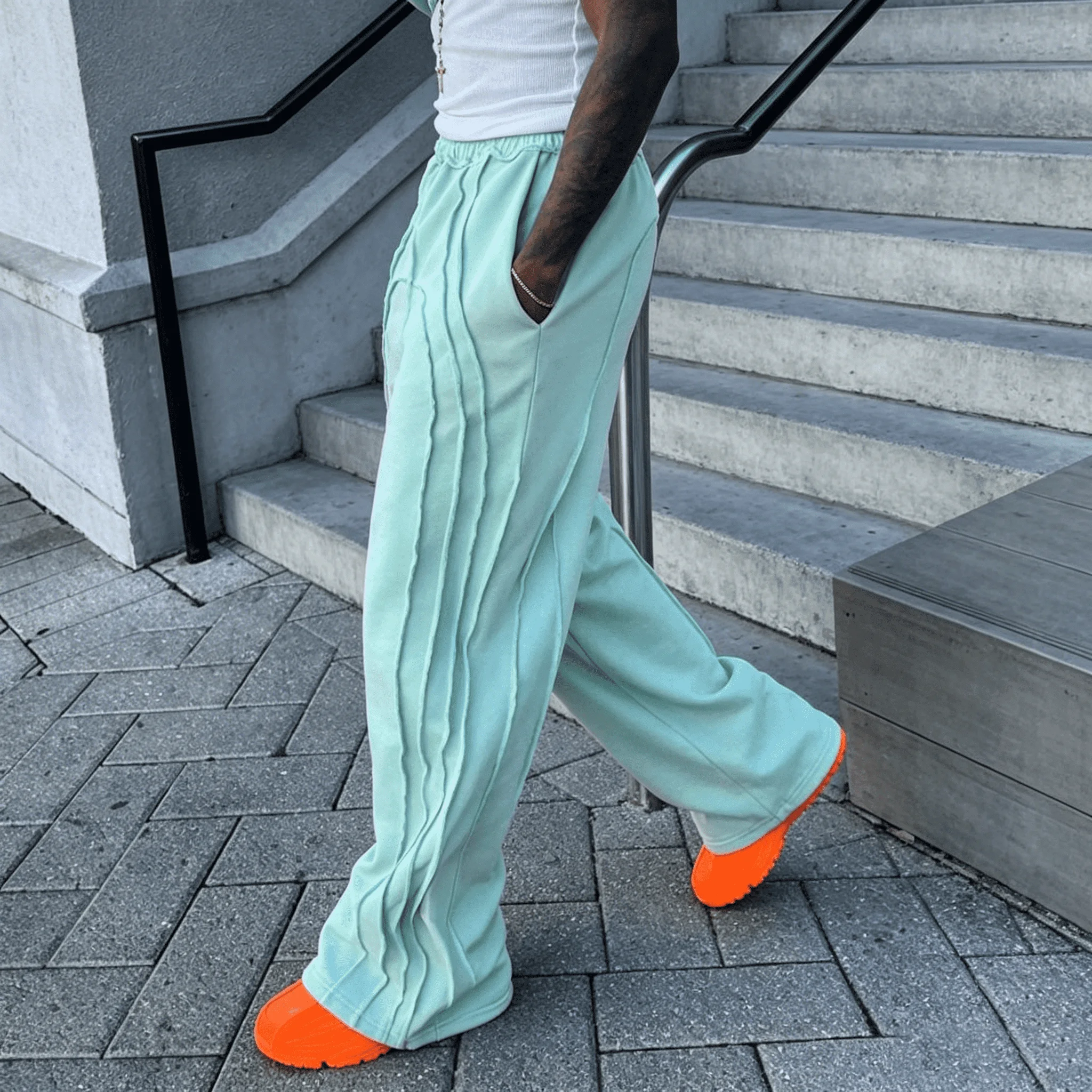 OEM ODM French Terry Cotton Double Waist Sweat Pants Spliced Streetwear Wide Leg Custom Acid Wash Sweatpants Manufacturer gallery 3