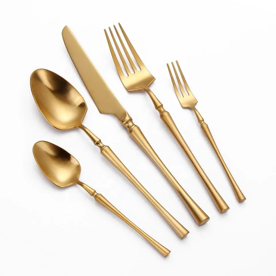 Luxury Gold Flatware Custom Logo Forks and Spoons Stainless Steel 18 10 Matte Gold Cutlery Set for Wedding