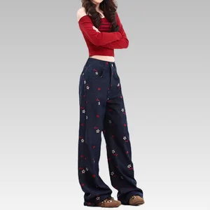 2026SF Vintage Floral Embroidery Women's High Waist Denim Jeans Loose Fit Straight Leg Wide Leg Pants for Winter